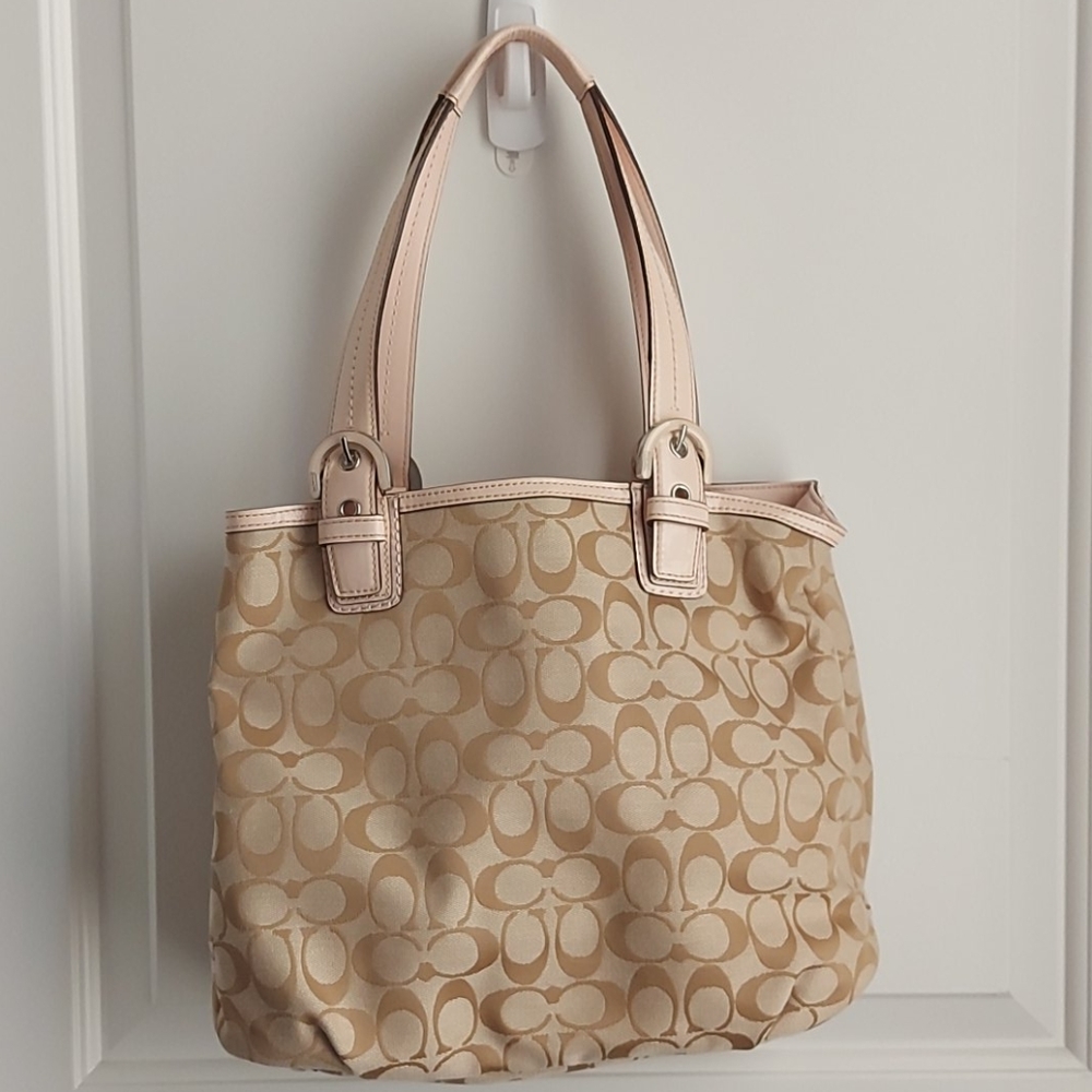 Coach Tan and Gold Canvas Handbag